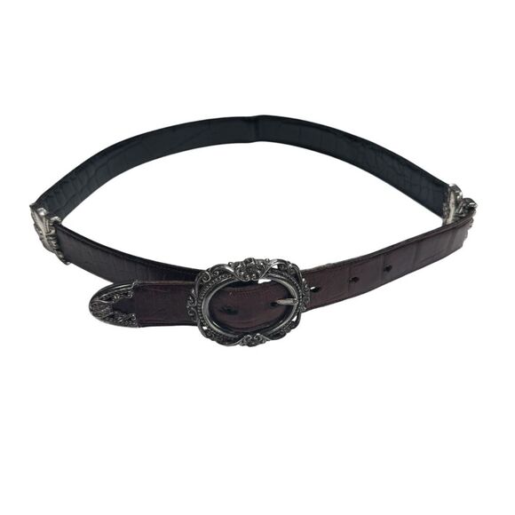 Vintage Reversible Leather Belt Brown Black Ornate Silvertone Embellishments L - Picture 1 of 16